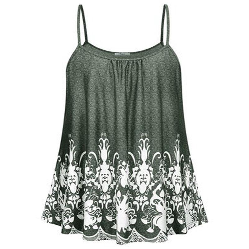 Elegant Women Print Loose Casual Summer Pleated Flowy Sleeveless Camisole Tank Tops