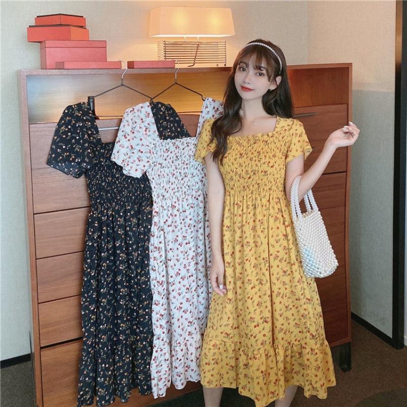 Moda Estiva Abito Casual a Maniche Corte da Donna Vita Elastica Stampato Floreale A-line Abito Midi Abito in Chiffon da Donna