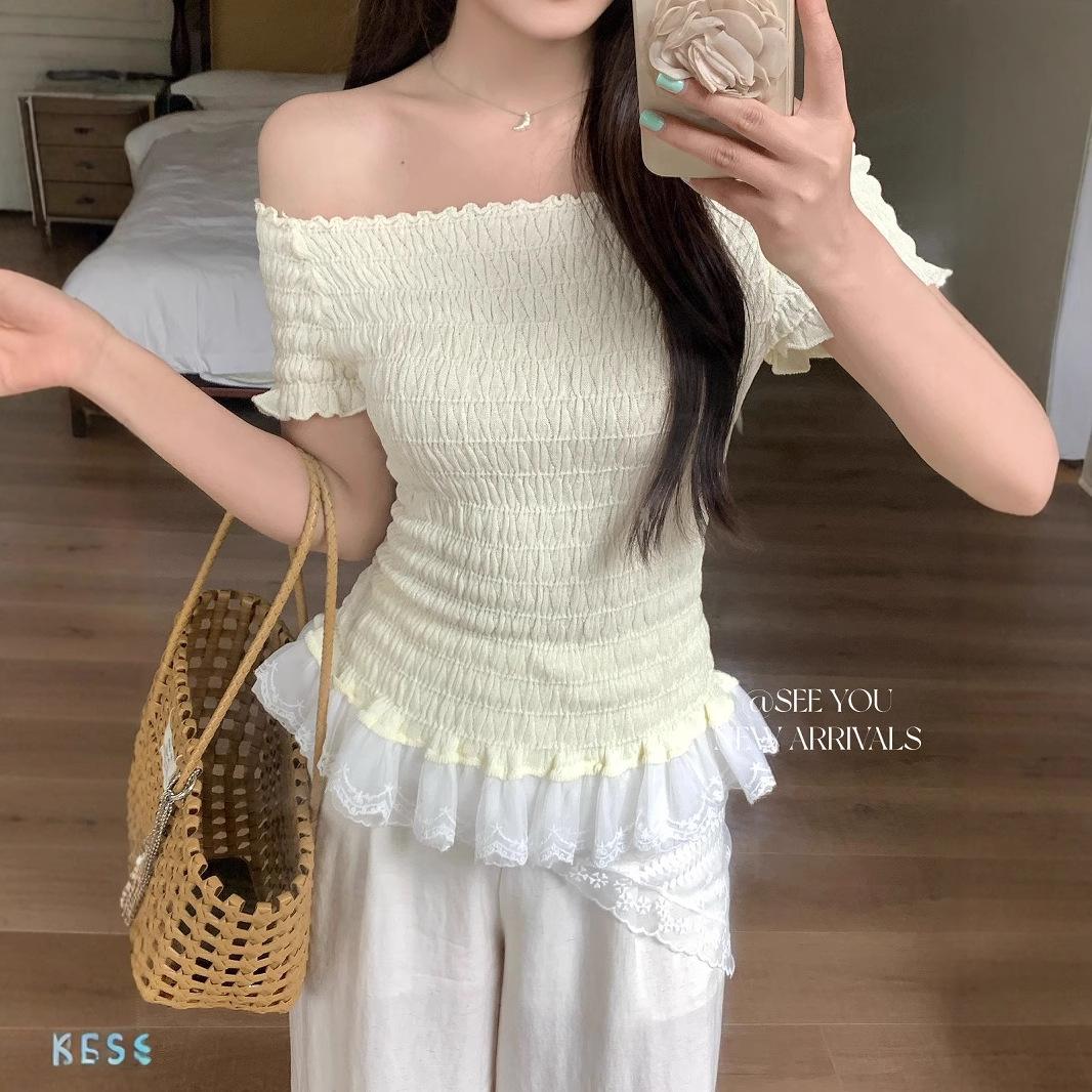 

Women s Summer Korean-Style Blue Off-Shoulder Lace Trim Knit Top One size, up to 125 jin абрикосовий