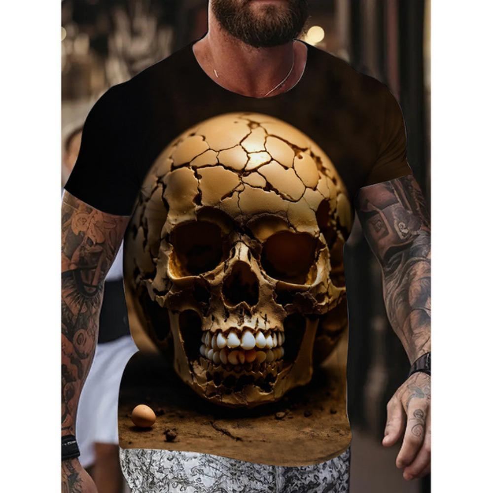 New Men's Fun Skull Pattern T Shirt Suit Mob Skull Print Short Sleeve Summer Casual Loose Round Neck T Shirt Breathable Top