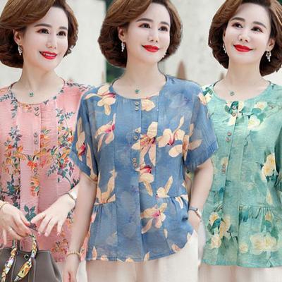 Sommer Damen Neuer Pullover Rundhals Patchwork Blumen Bedruckt Mode Lässig Kurzarm Baumwolle Leinen Oberteile