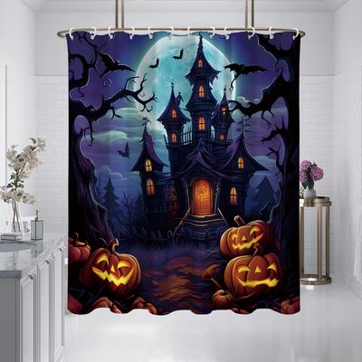 1 Pièce de Rideau de Douche 180x180cm avec Motif Château d'Halloween Citrouille Imprimé Séparateur Salle de Bain Imperméable et Anti-moisissure