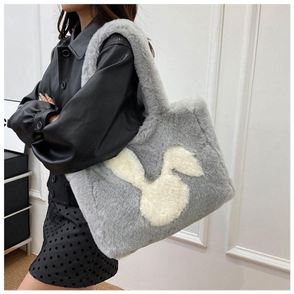 Casual Faux Fur Shoulder Bag Soft Large Capacity Shopper Handbag Rabbit Print Furry Fluffy Fluffy Handbag Women Use