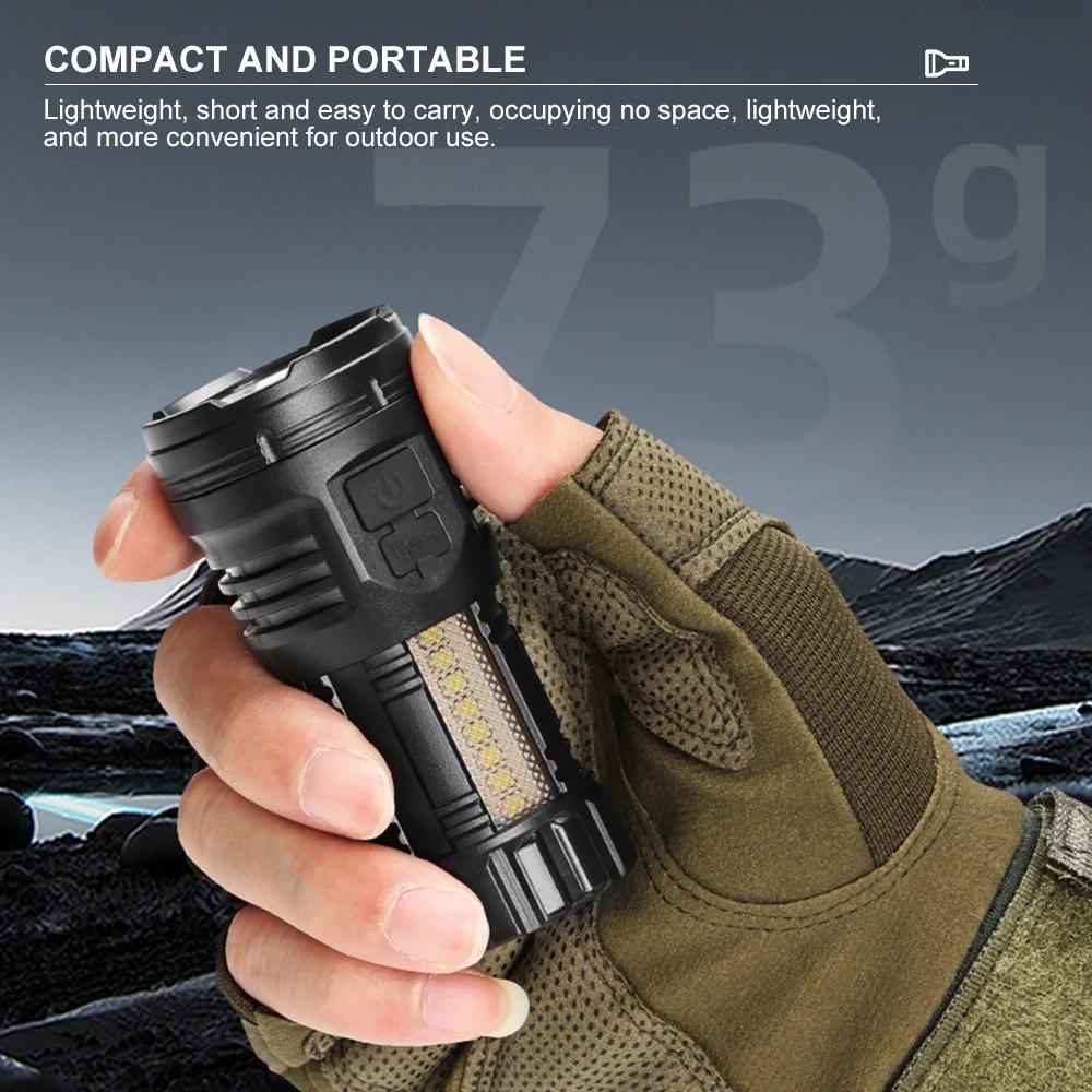 Latarka LED o dużej mocy z boczną lampą COB, ładowalna przez USB-C, wodoodporna, mini latarka do biwakowania na świeżym powietrzu, wędrówek i sytuacji awaryjnych