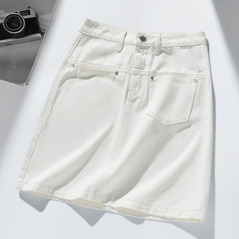 

RAIN.CUN Women s High-Waist White Denim A-line Short Skirt M