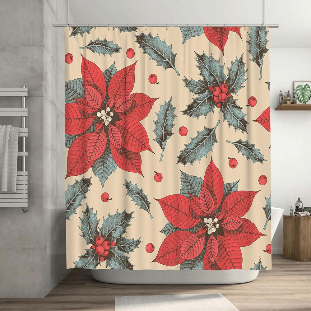 Holiday Flower Shower Curtain Red Green Christmas Decorative Bath Rug Cover Premium Waterproof Fabric for Home Bathroom Decor 72