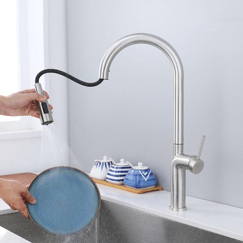 304 Stainless Steel Pull-out Kitchen Sink Faucet Pull Down Single Hole Handle Swivel Sprayer Water Mixer Kitchen Tap Nickel