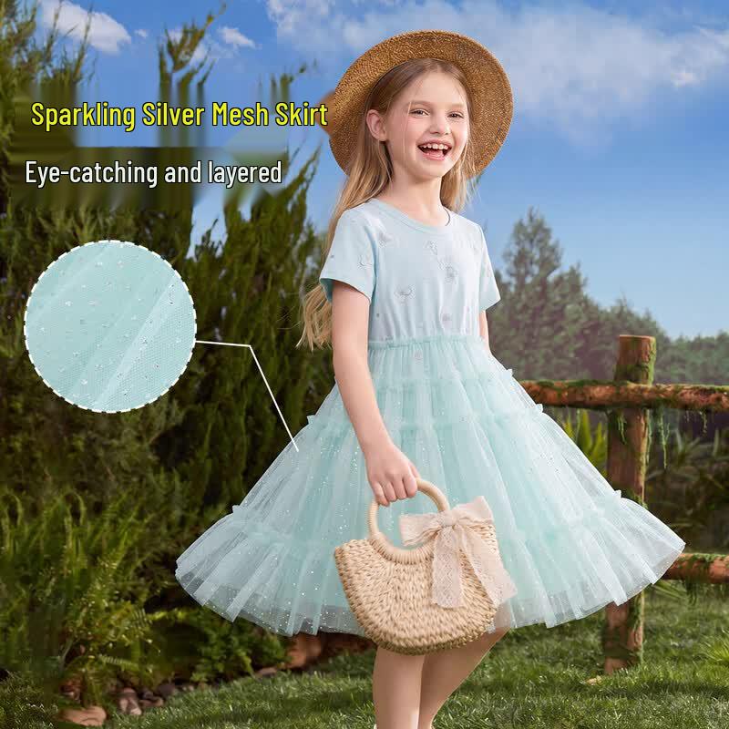 ASK JUNIOR Girls' Short-Sleeve Mesh Patchwork Princess Dress