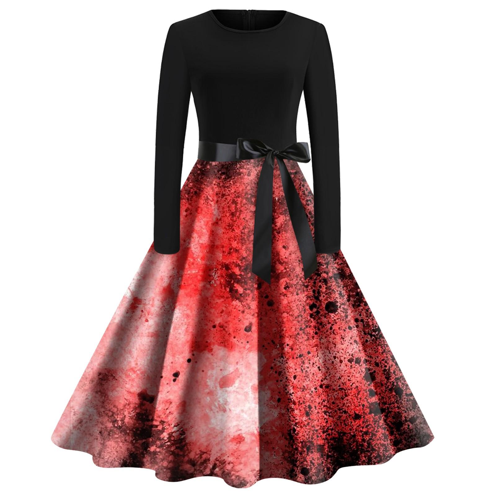 

Женское платье с расклешенным принтом на Хэллоуин с длинным рукавом и круглым вырезом, вечерние повседневные платья M винный