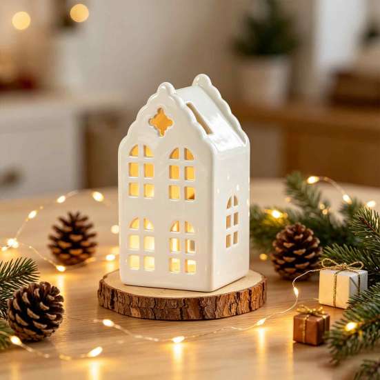 Ceramic House Decor Shape Candle Holder, White Hollow Tea Light Holder Durable Craft Gift Ornament, Artistic Miniature Figurine for Christmas
