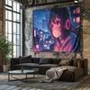 Future City Night Scene with HeadphoneWearing Girl Wall Decorative Tapestry