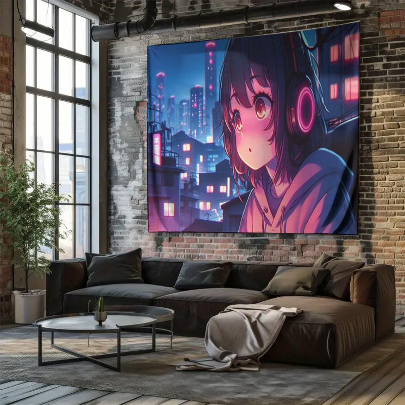 Future City Night Scene with HeadphoneWearing Girl Wall Decorative Tapestry