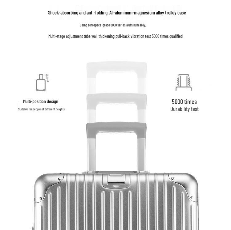 20" Aluminum-Magnesium Alloy Trolley Case - Unisex Metal Travel & Business Suitcase with Leather Accents