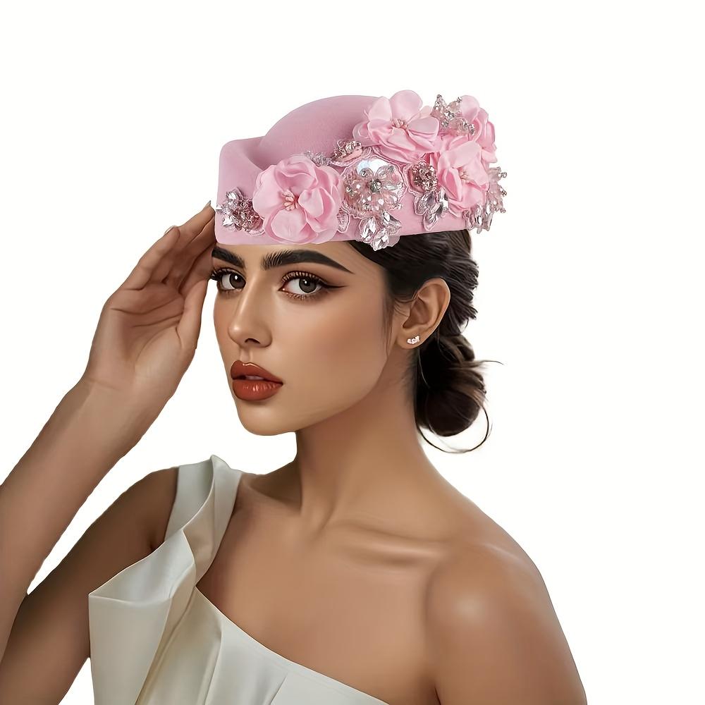 

Элегантный берет в британском стиле с цветочным узором из стразов для женщин | Винтажная шапочка с блестящими розовыми и белыми цветами, без эластичности, только ручная стирка розовый