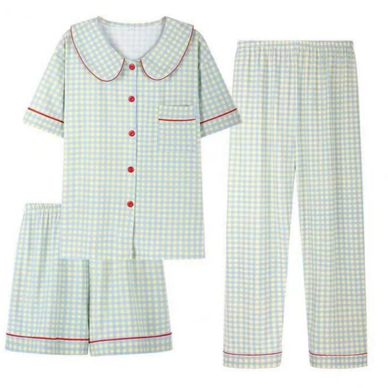 

Летний Девушки Комплект из Трех Предметов Пижама Короткий Рукав Кардиган Шорты Брюки Тонкая Домашняя Одежда Эластичная Свободная Мягкая Клетчатая Мультяшная Лацкан freesize(45-75kg) зелёный