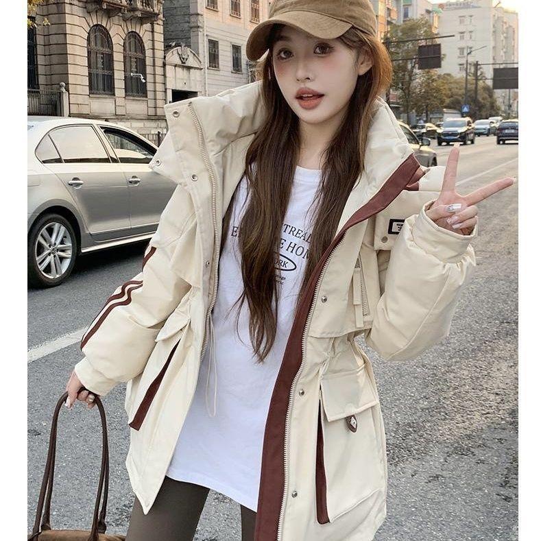 New Contrast Waist Hooded Coat Long Plus Velvet Coat Loose Down in Autumn and Winter Cotton-padded Jacket