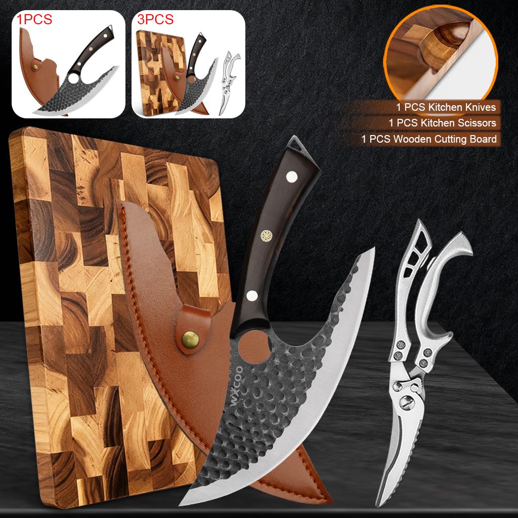 WXCOO Cutting Board Made of High Quality Acacia Wood On Both Sides Stainless Steel Chef Knife Meat Cleaver Kitchen Scissors