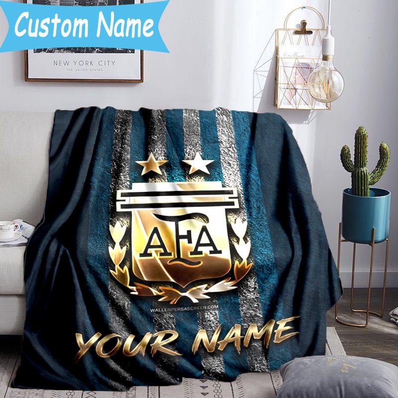 Custom Name Argentina Football Crest Flannel Blanket, Use for Birthday/Holiday Gift, Soft Blanket for Sofa/Bed/Camping/Office, Home Decor