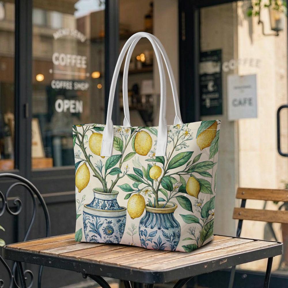 Lemon Potted Print Tote Bag Fashion Portable Large Capacity Daily Carry Handbag