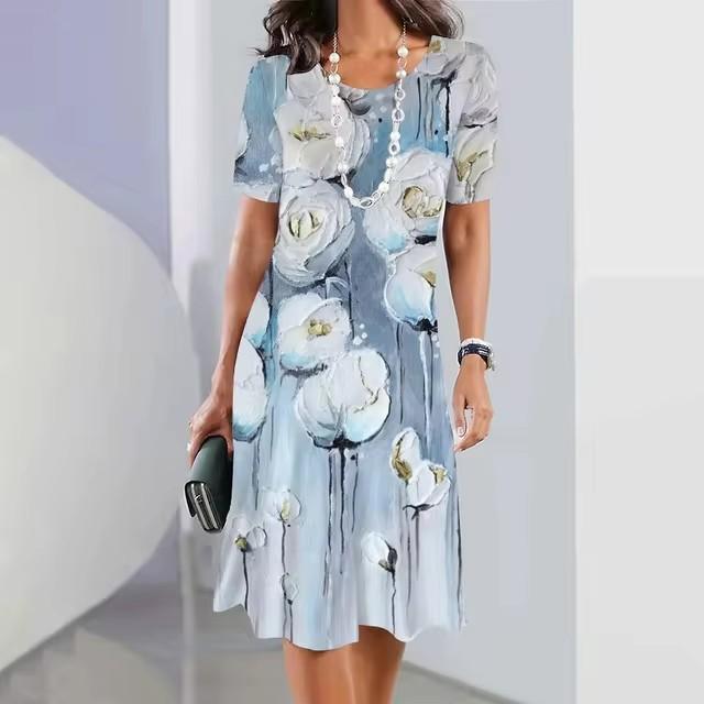 Elegant Women Short Sleeve Fashion 3d Print Midi Dress Plus Size Beach Clothing