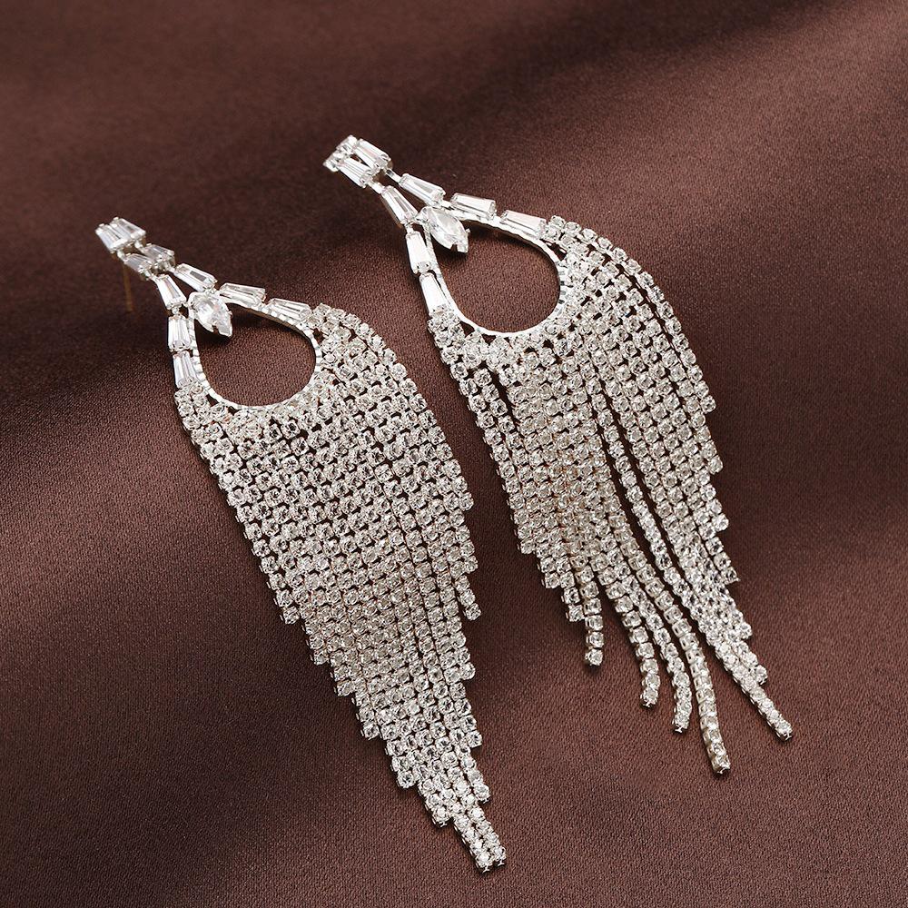Elegant European & American Long Tassel Rhinestone Zircon Earrings