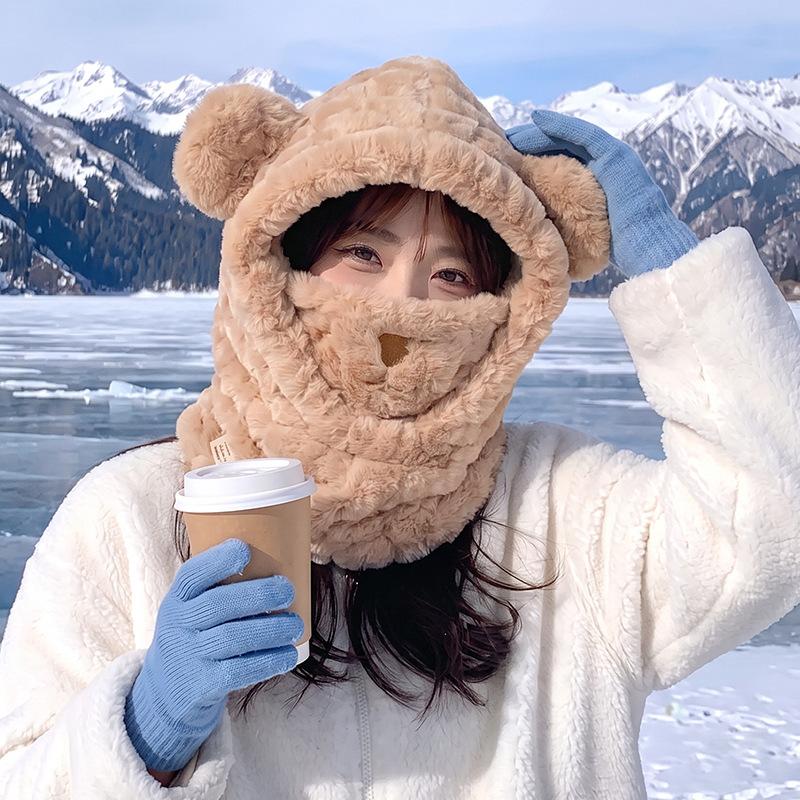 Pullover hat female winter cute bear hat cycling cold and warm artifact outdoor thickened integrated ear hat