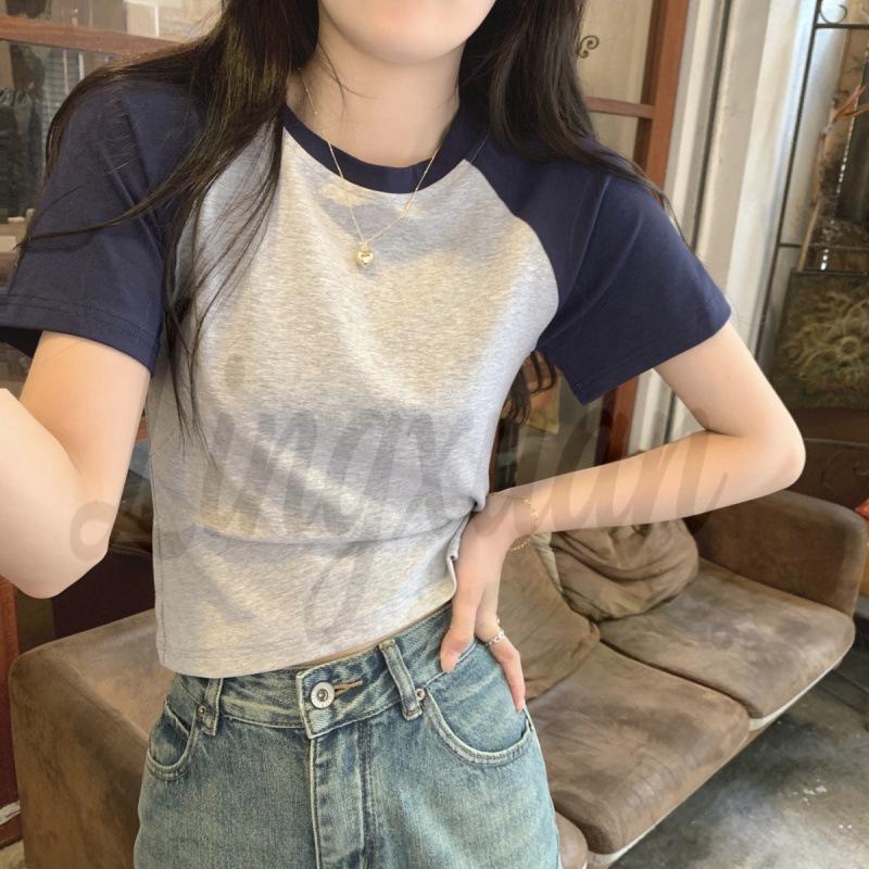 Koreanischer Stil Color Block Raglanärmel Baumwolle Schlankmachendes T-Shirt