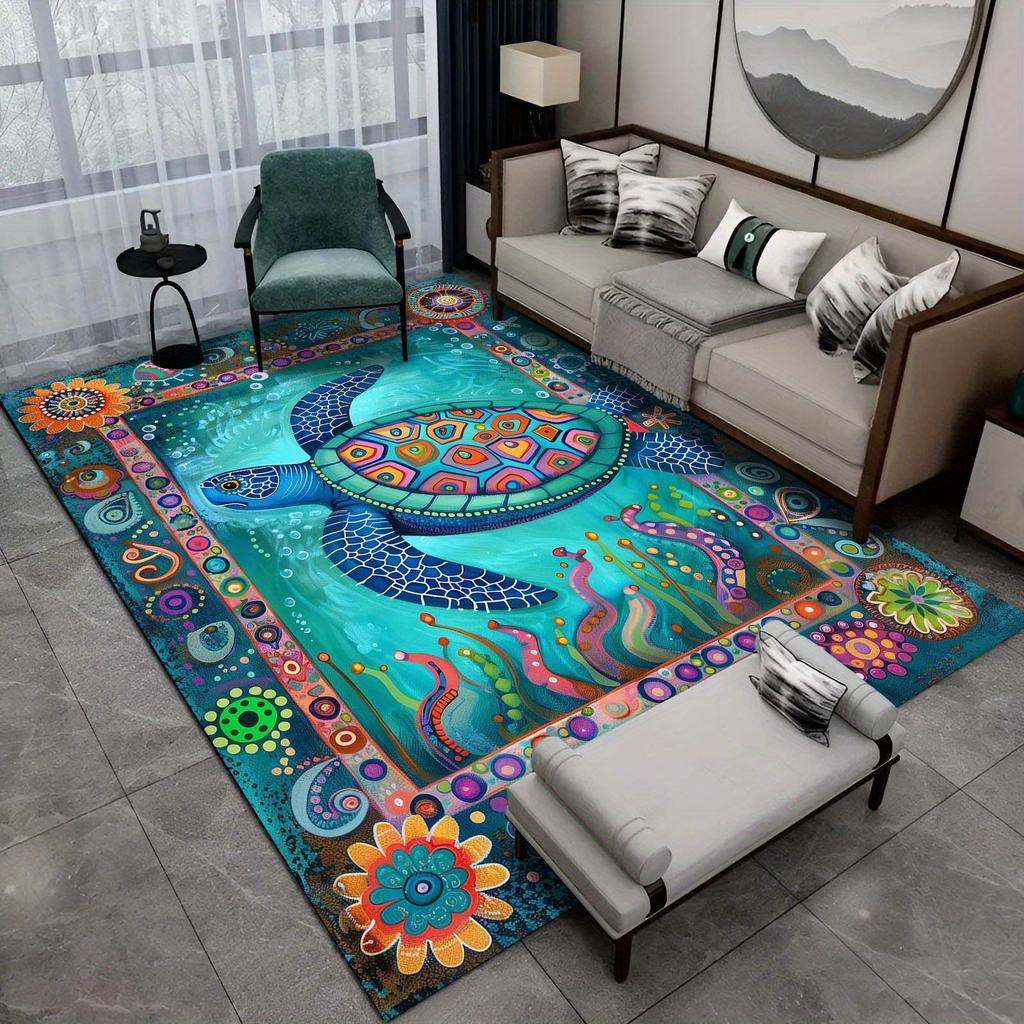 Vibrant Turtle Artistic Pattern Carpet, 800g/M² Polyester Office Chair Rug Decor, Durable Floor Mat