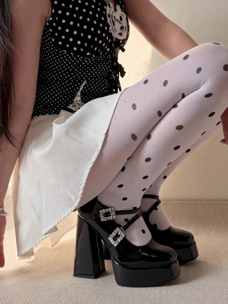 Polka Dot Tights For Women Street Slimming Leggings White Dot Girls Y2K Stockings Velvet Vintage High Waist Stockings Pantyhose