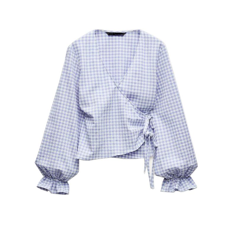 Spring New Arrival Lady Bishop Sleeves Top Casual V-neck French Plaid Double Breasted Shirt 2298166