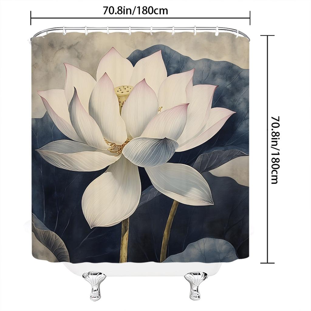 Elegant White Lotus Shower Curtain - Soft Pink Petals, Yellowish-Brown Stamen, Dark Green Leaves, Machine Washable