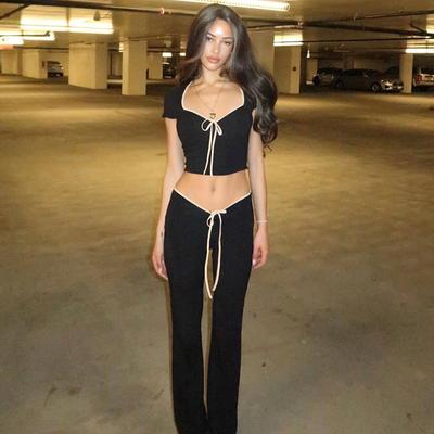Women's Summer Short Sleeve Square Neck T-Shirt Slim Low Waist Micro Pants Set