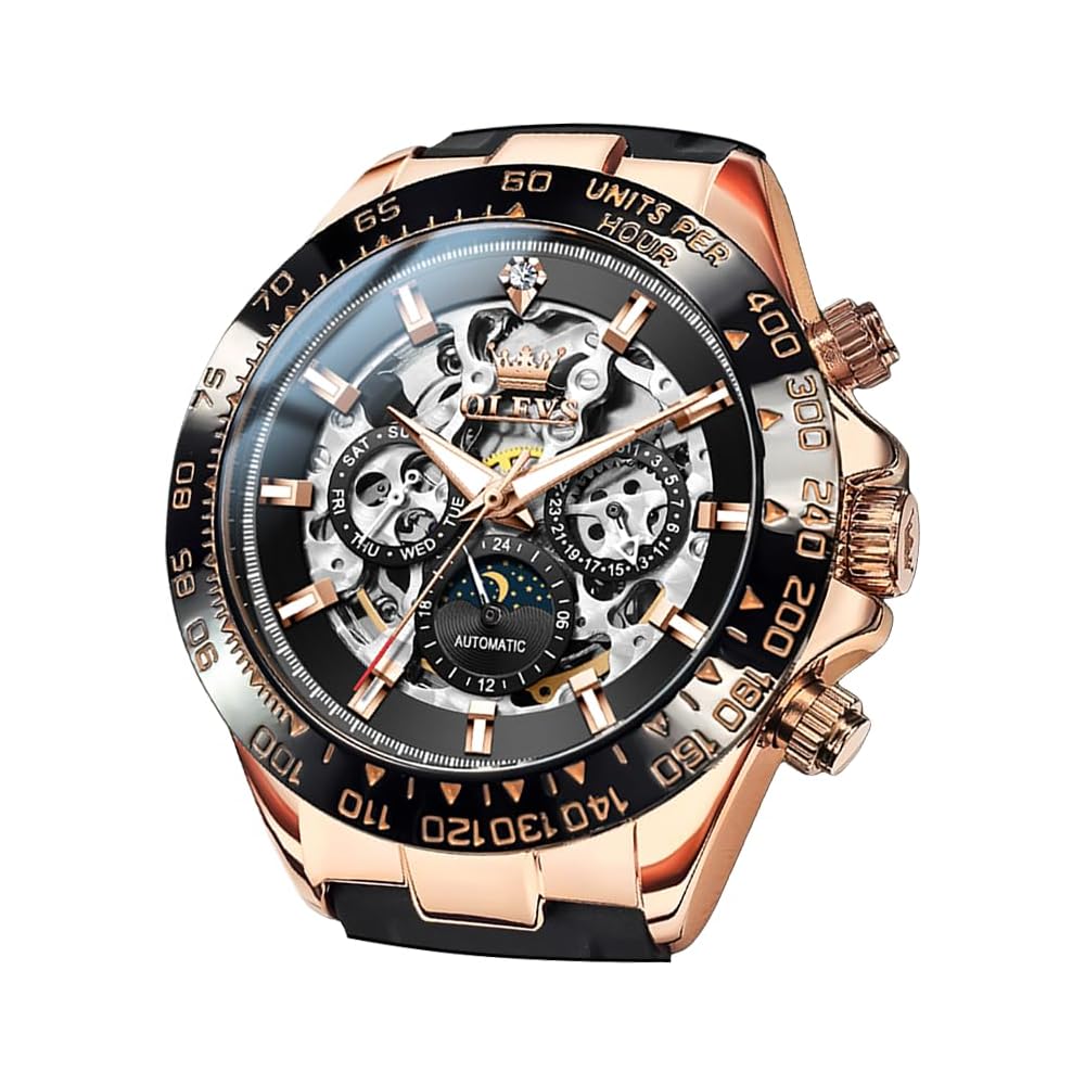 OLEVS Men s Automatic Skeleton Watch Waterproof Date Luminous Diamond Fashion Business Rose Gold