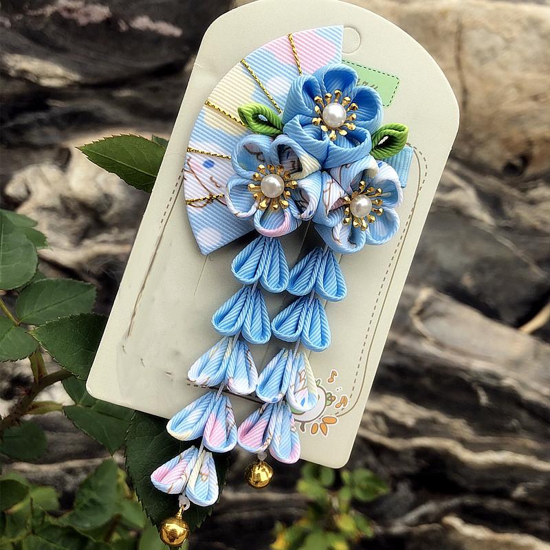Japanese Kimono Fabric Flower Folding Fan Children Hair Accessories Clip Tassel Headwear Headdress Barrette