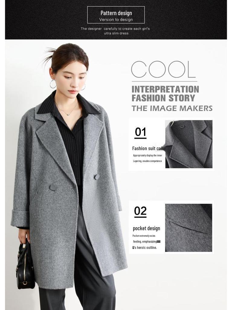 Women's Mid-Length Black Double-Faced Cashmere Wool Coat - 2025 Autumn/Winter Collection