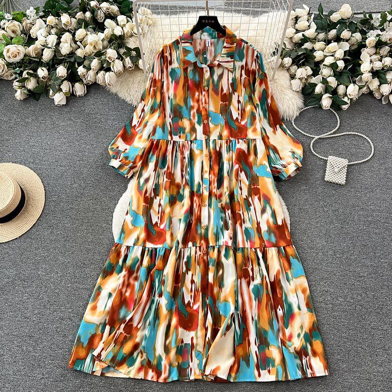 

Lazy Smudges Casual A- line Large Hem Print Dress Brown One size