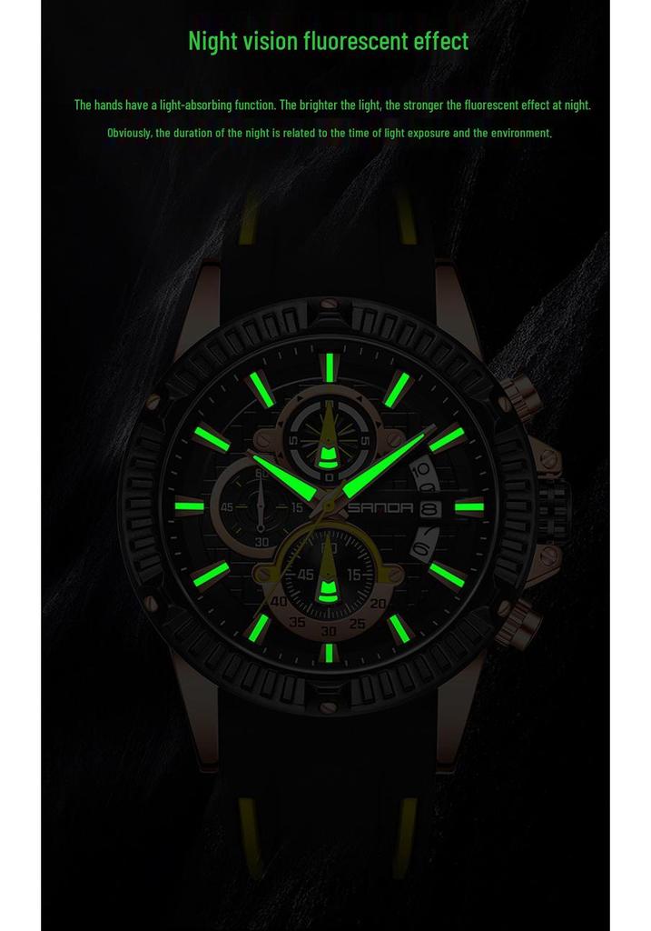 Sanda Men's Classic Quartz Wristwatch with Silicone Band, Three Sub-dials, Calendar & Luminous Markers.