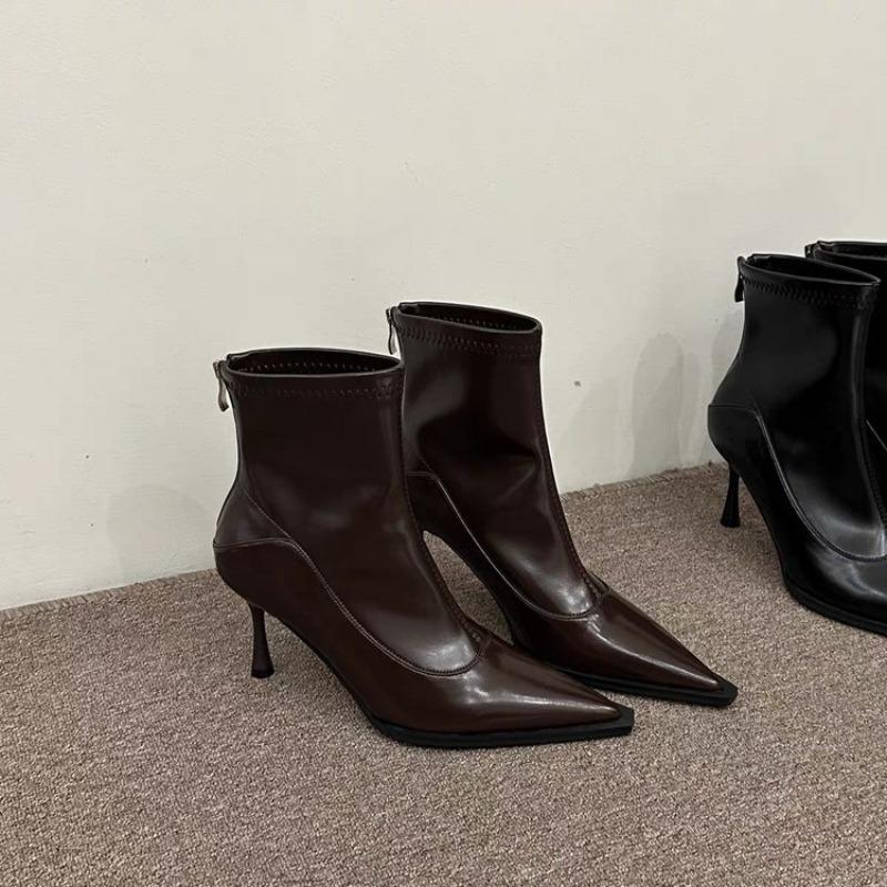 2025 Fashionable and Elegant Pointed Toe High Heel Short Boots Autumn Winter New Style Thin Retro Fashion Boots