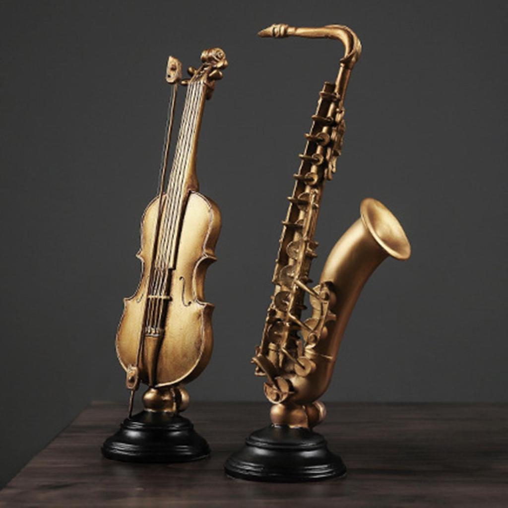 Instrument Figurines Gold Simulation Collectible Statue Miniature Saxophone Violin Statue with Stand for Collector Musician Home