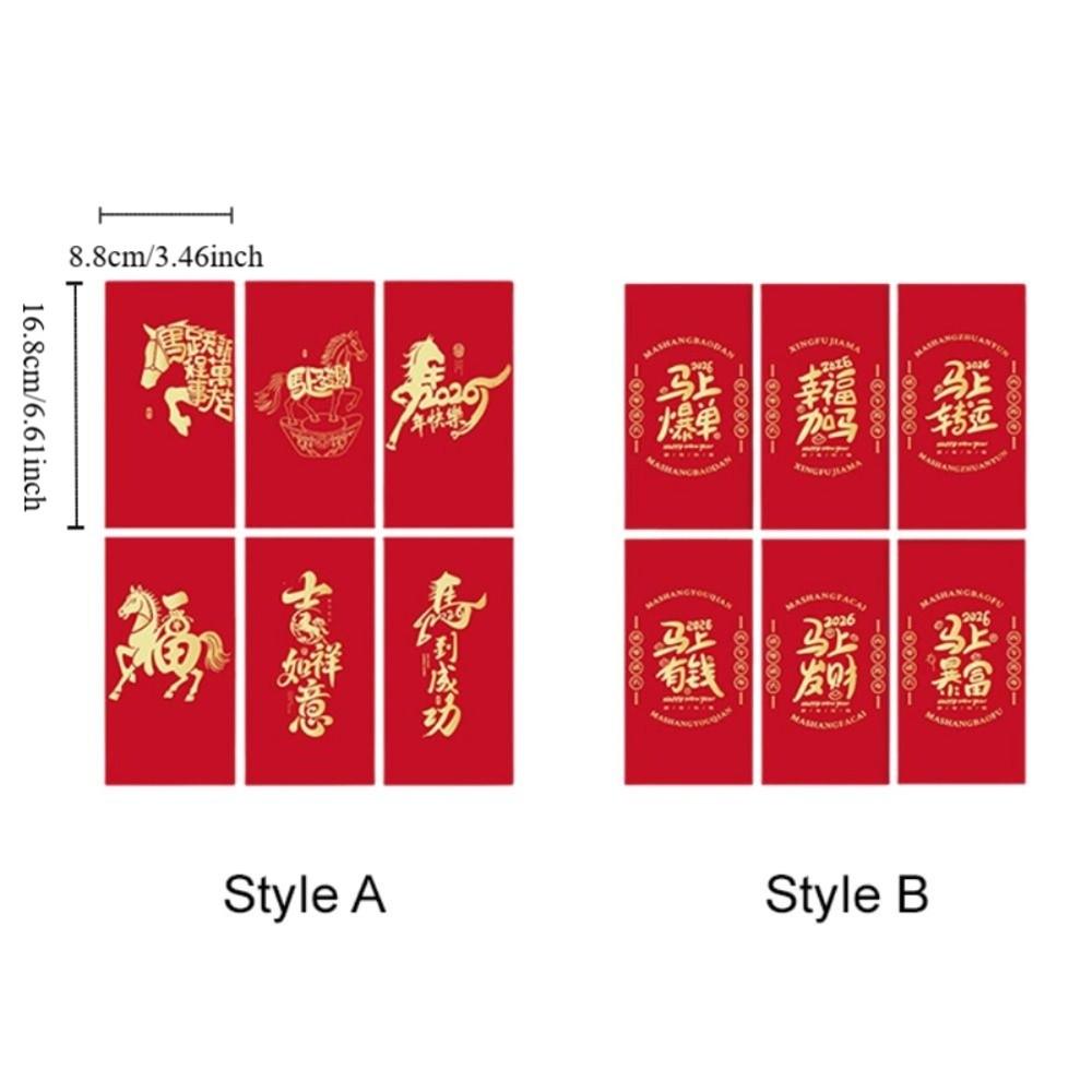 6pcs Blessings Printing 2026 Horse Year Red Envelope Mixed Pattern Red Packet HongBao Birthday