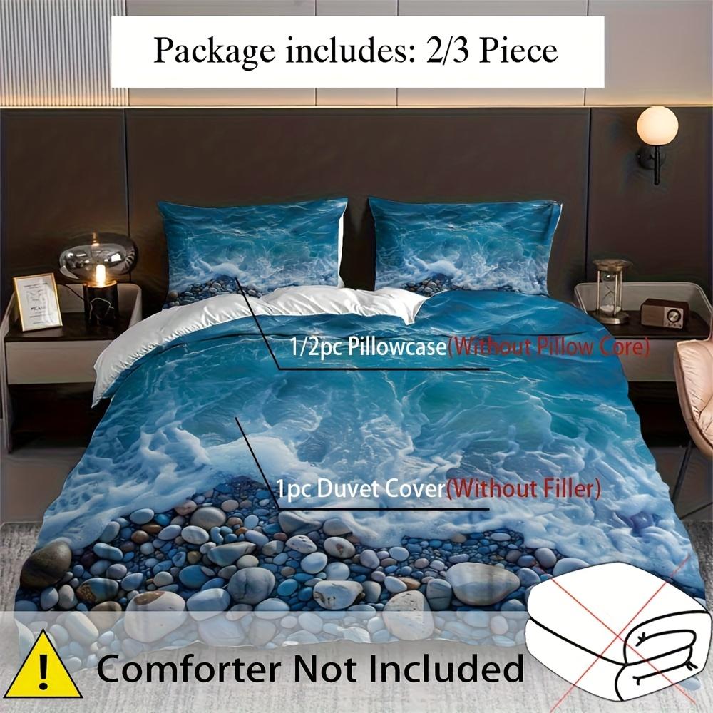 2/3pcs Blue Ocean Wave Pebbles Pattern Duvet Cover Set 1 Duvet Cover 1/3 Pillowcase, Without Core, Soft Beach Pebble Bedding Set