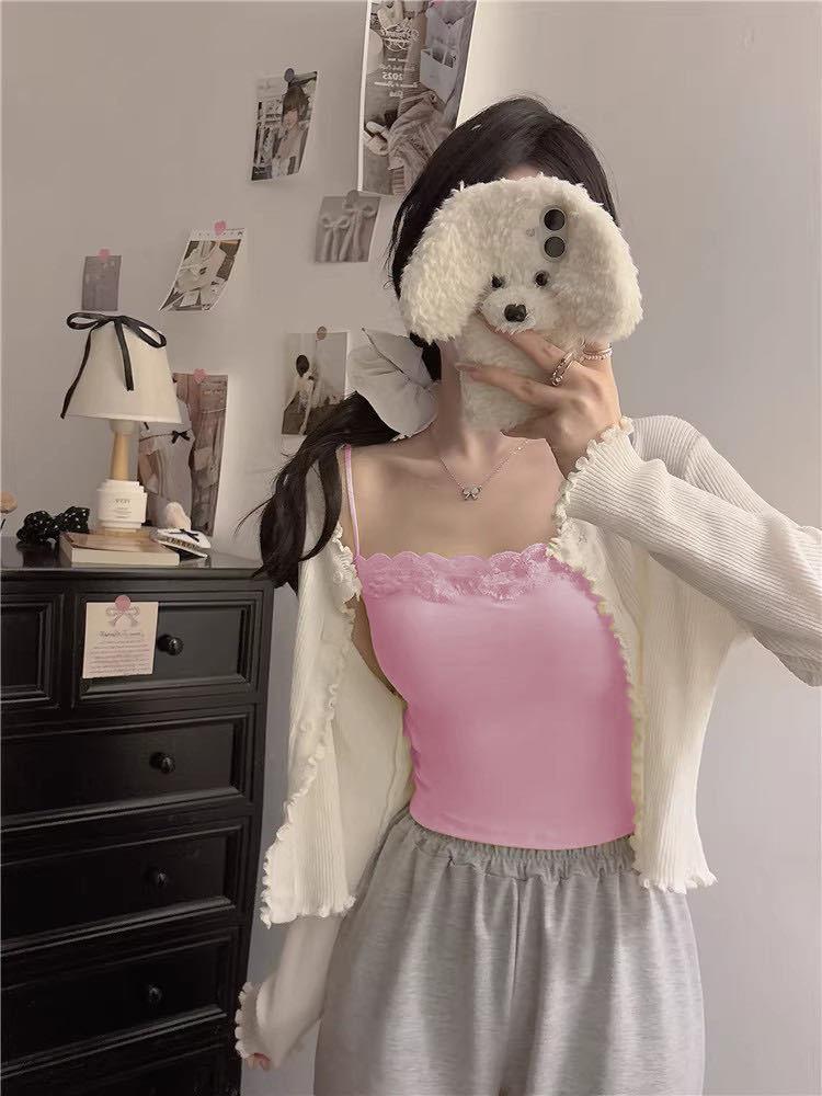 #Spring new models, short lace lace sweet girl style suspender tube top versatile solid color small suspender