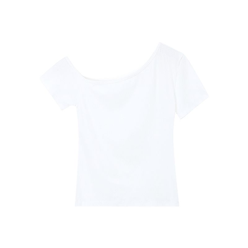 Shoulder-Baring Slimming Silm Niche Style Black Short-Sleeved T-shirt