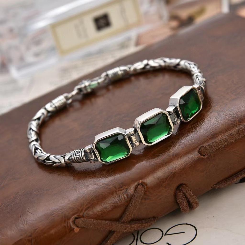 New Chinese Punk Style Men's Bracelet Green Crystals Auspicious Pattern Retro Unisex Fashion Accessory Trendy Streetwear Jewelry