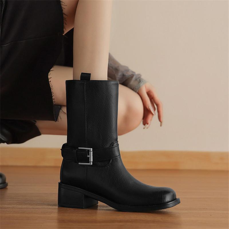Fashion New Autumn/winter Split Leather Women Boot Round Toe Shoes for Women Fashion Boots Chunky Heels Mid-calf Boots Western Boots