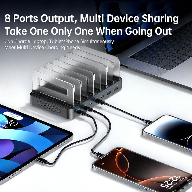 288W High-Power GaN Desktop Charging Station 8 Ports USB Multi-Port Charger with Retractable Cable for Mobile Phones & Computers