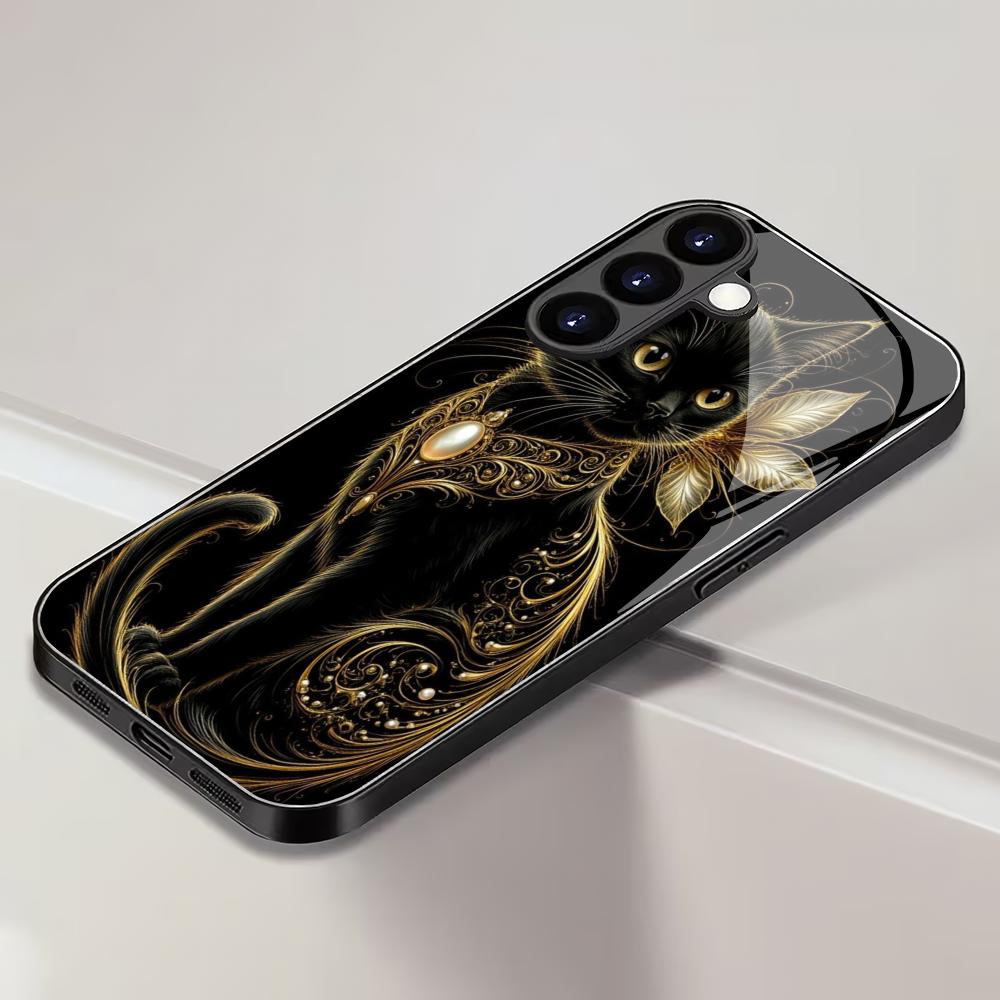 Fashionable Black Cat Tempered Glass Phone Case Suitable for Samsung Galaxy S26 S25 S24 S22 S21 S20 FE/Ultra/Plus Shockproof