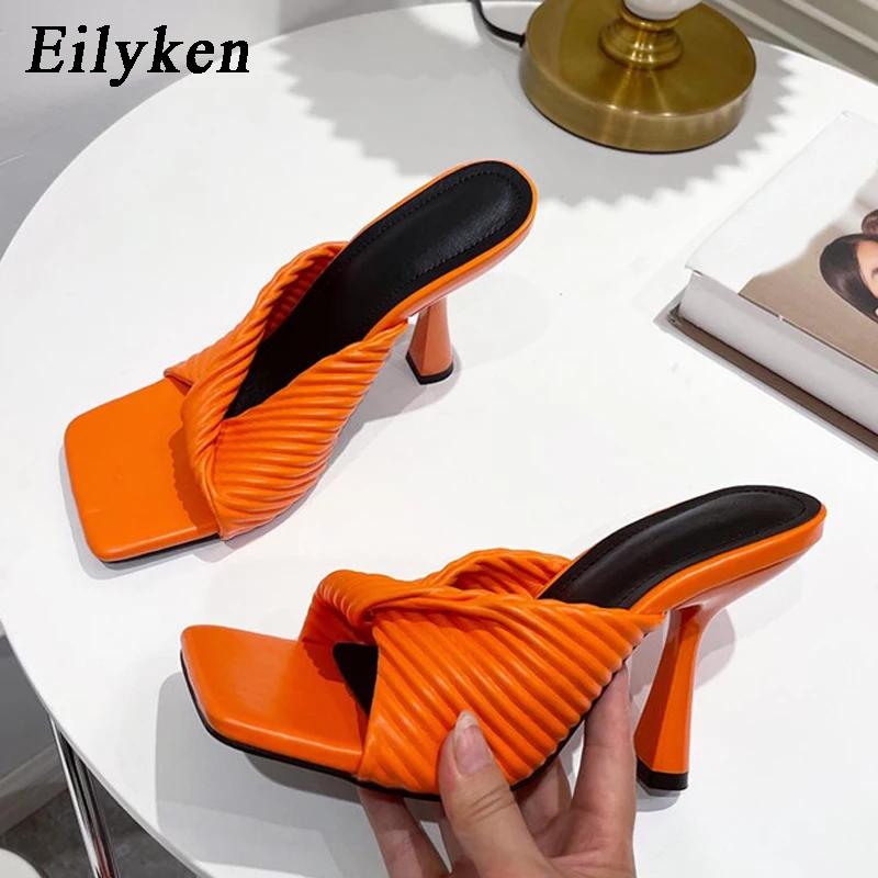 Summer Pleated Orange Women Slipper Fashion Slides Ladies Elegant Thin High Heel Square Toe Sandals Shoes