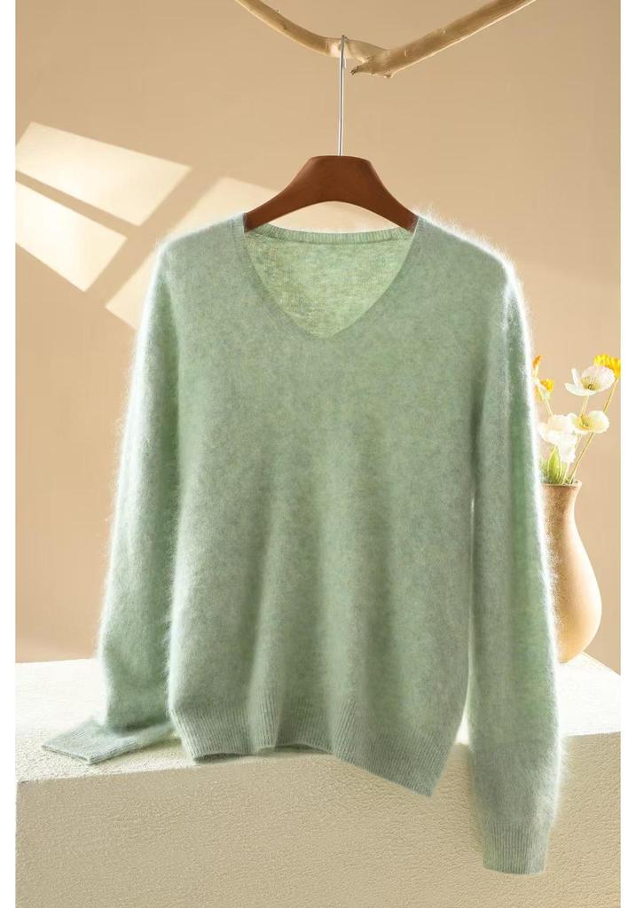 Women's V-Neck Loose Fit Brushed Cashmere Sweater - Autumn/Winter Collection, Seamless Solid Color, Soft and Skin-friendly.