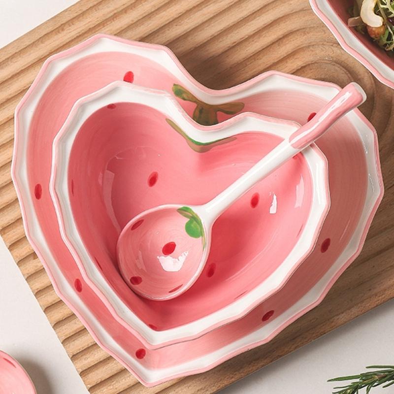 Multipurpose Strawberry Heart Ceramic Dinnerware Salad Bowl Plate Dish for Breakfast Lunch Dinner Dessert Serving
